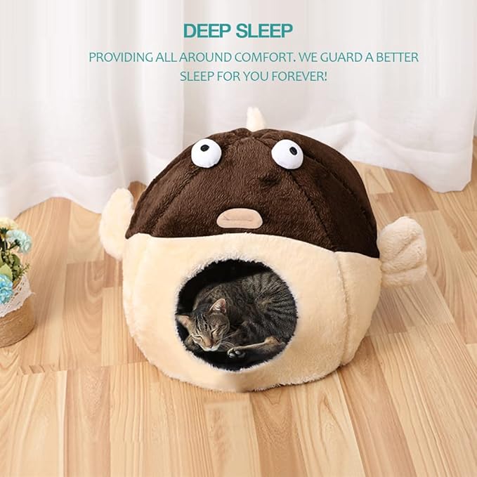 Cat Beds for Indoor Cats - Cat Bed Cave with Removable Washable Cushioned Pillow, Soft Plush Premium Cotton No Deformation Pet Bed, Lively Pufferfish cat House Design, Brown, Multiple Sizes