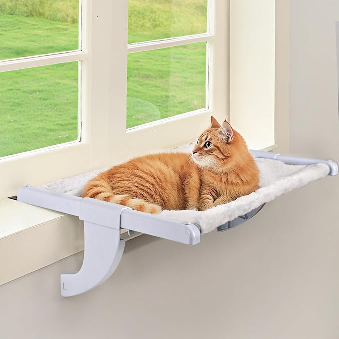 Window Sill Mount Cat Perch for Indoor Cats, One-Step Sliding Clamping Slot Adjustment Cat Hammock with Washable Cover, No Suction Cups Pet Bed for Windowsill & Bedside (XL)