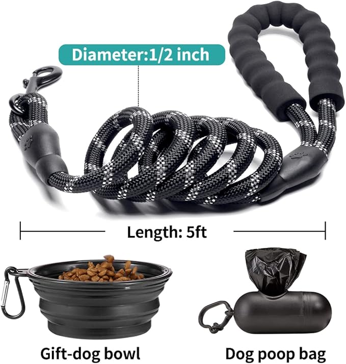 COOYOO 2 Pack Dog Leash 4 FT Heavy Duty - Comfortable Padded Handle - Reflective Dog Leash for Medium Large Dogs with Collapsible Pet Bowl