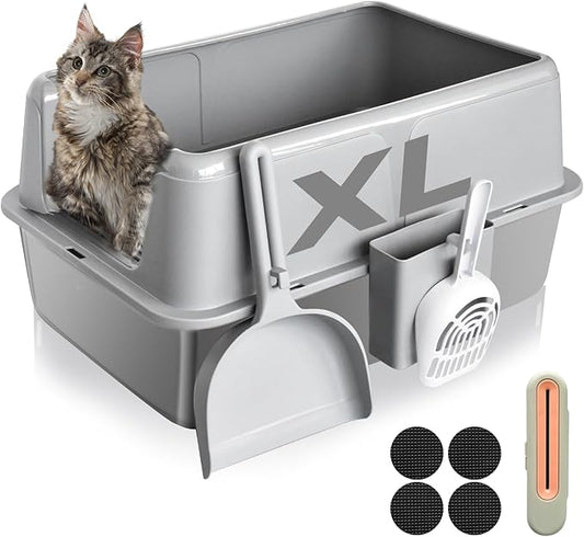 Stainless Steel Litter Box with Lid, 24" XL Extra Large High-Sided Metal Cat Litter Box for Multiple Cats,Anti-Leakage & Non-Stick, Easy to Clean, Includes 2 Scoops&Deodorizer Box, Gray