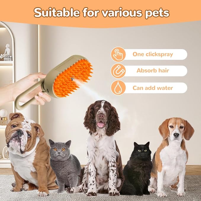 Cat Steam Brush, New 3 in 1 Pet Steam Groomer Brush, Rechargeable Pets Steam Groomer Comb for Massaging and Cleaning Shedding Pet Hair, Multifunctional Hair Removal Comb Cats and Dogs (Khaki)