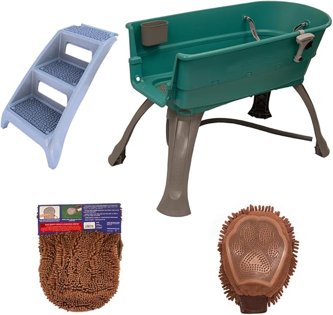 Booster Bath Elevated Pet Bathing Large Teal with Steps and Brown DGS Cleaning Crew Combo