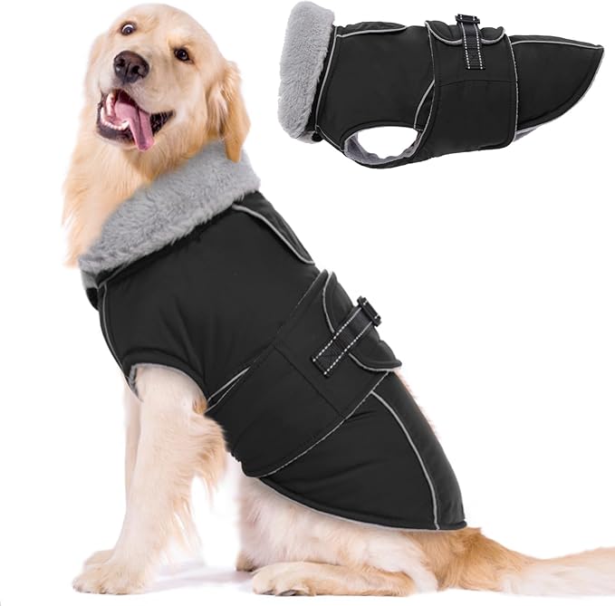 Lelepet Warm Dog Coat Reflective Dog Fleece Vest Waterproof Jacket Windproof Winter Cold Weather Coats with Adjustable Buckle Jackets for Large Dogs, Black, XL