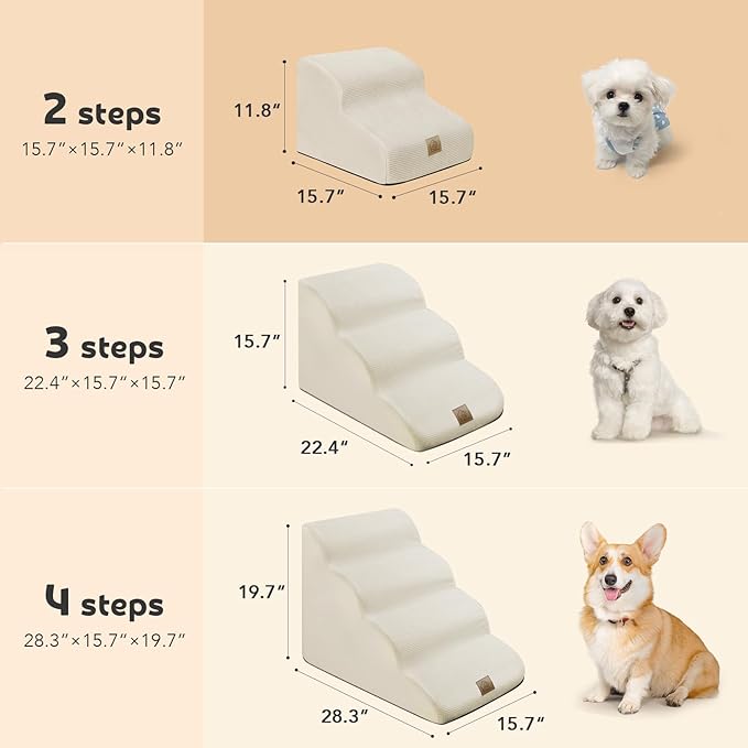Mestuel Dog Stairs for Small Dogs Cats, Small Pet Stairs Steps, Foam 2-Tier Pet Stairs Steps for Couch Sofa, Dog Ramp Ladder Indoor with Nonslip Bottom &Washable Cover, Beige
