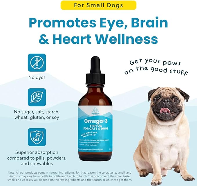 Wild-Caught Omega 3 Fish Oil for Dogs & Cats, Liquid EPA DHA Supplement for Skin, Coat, Joints & Heart, Low-Odor Omega 3 Drops for Small Dog Breeds & Cats with Itchy Skin, 2 oz