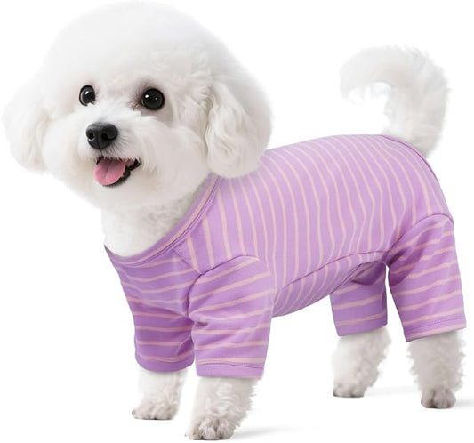 Striped Dog Pajamas - Thermal Bodysuit for Small to Large Dogs, Fleece Shedding Suit, Stretchy & Machine-Washable Pjs, Belly Cut for Males, Great for Surgery & Cold Weather, Purple M