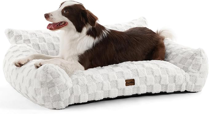 MADE 4 PETS Dog Couch Bed, Soft Faux Fur Checkered Indoor Pet Sofa, Comfortable Fluffy Dog Sofa with Supportive Foam, Removable Washable Cover with Non-Slip Base, White, Large