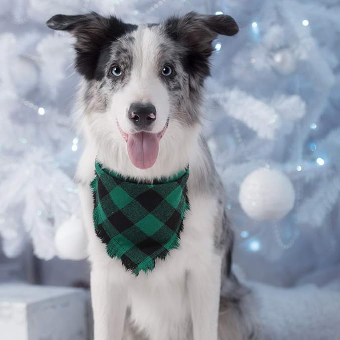 KOOLTAIL Christmas Plaid Dog Bandana 4 Pack - Classic Triangle Scarf Tassels Style Holiday for Dogs Cats Puppy