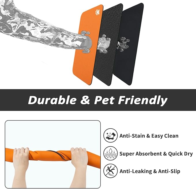 Pet Feeding Mat - Absorbent Dog Mat for Food and Water, No Stains Cat Bowl Mat, Easy to Clean Pet Placemats, Quick Dry Dog Water Dispenser Mat for Messy Drinkers | Paw Orange 16"x 24"