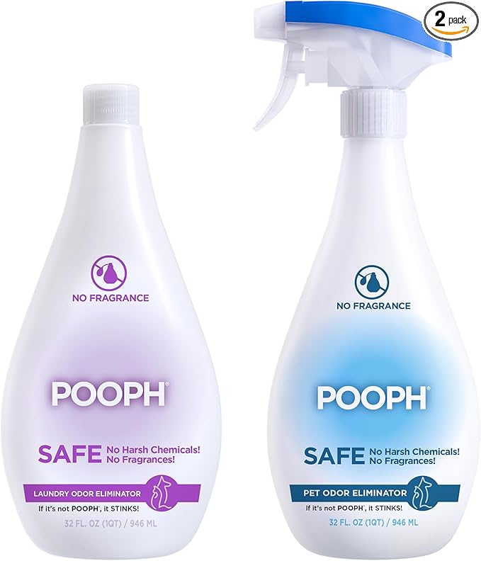 Pooph Pet Odor Eliminator & Pooph Laundry Additive - 2-32oz Bottles - Dismantles Odors on a Molecular Basis, Dogs, Cats, Freshener, Eliminator, Urine, Poop, Pee, Deodorizer, Puppy, Fresh, Clean