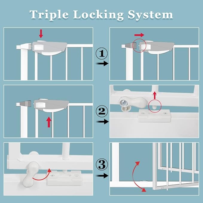 WAOWAO Triple Lock Baby Gate Extra Wide 53.93-57.87" Pressure Mounted Walk Through Swing Auto Close Safety White Metal Dog Pet Puppy Cat for Stairs,Doorways,Kitchen