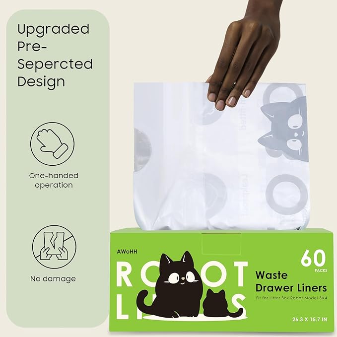 Cat Litter Box Robot 4 and 3 Waste Bags, 60 Pack Automatic Litter Box Bags, Thick Heavy Duty Cat Litter Box Liner Bags 26.3 X15.7 IN