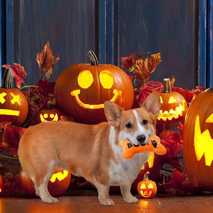 SCENEREAL Halloween Dog Toy for Small Medium Large Sized Dogs- 4Pack Plush Dog Squeaky Toys, Interactive Bone Dog Toys, Puppy Chew Toys for Indoor Outdoor Training
