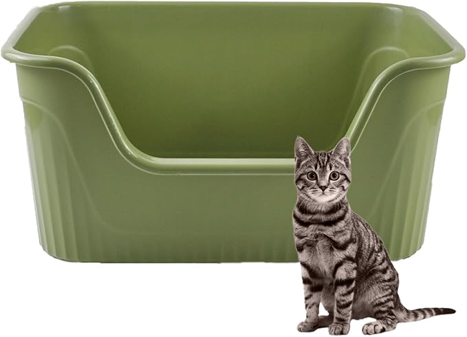 Large Cat Litter Box High Sides,21.45 x 16.14 x 10.43 Inches Cat Litter Tray Low Entry One Piece Open Anti Splashing Easy Clean for Small Medium Kitten(Green)