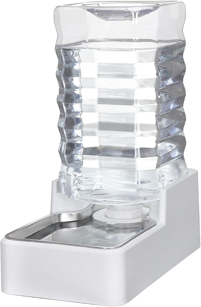 Sfozstra Large Gravity Water Dispenser: 9L Automatic Dog White Water Feeder with Stainless Steel Bowl -100% BPA-Free - Two Caps and Filters for Busy Owners