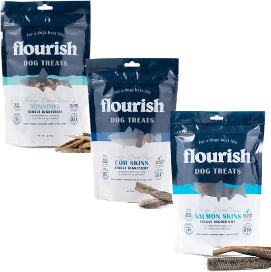 Flourish Pets Freeze Dried Raw Pet Treats for Dogs (Cod, Minnow, and Salmon, Variety Pack)