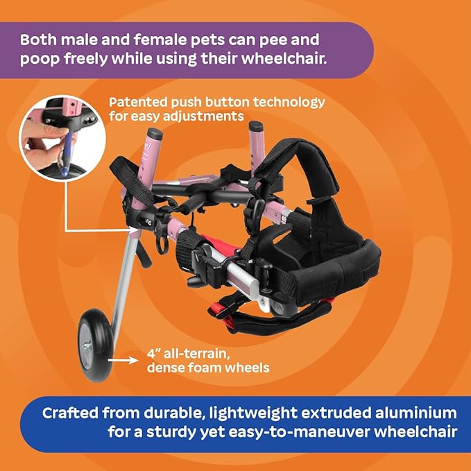 Walkin' Wheels Small Dog Wheelchair, Lightweight Dog Wheelchair for Back Legs, 11-14 lbs, for 7-8 inches Leg Height - Pink