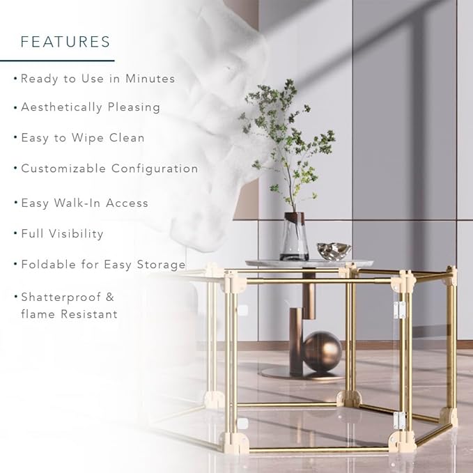 Front Row Foldable Dog Playpen – Durable and Portable Puppy Playpen for Exercise, Rest & Play – Clear Fence Panels with Aluminum Rods and Crate for Dogs and Other Small Pets (Gold, 6-Panel)