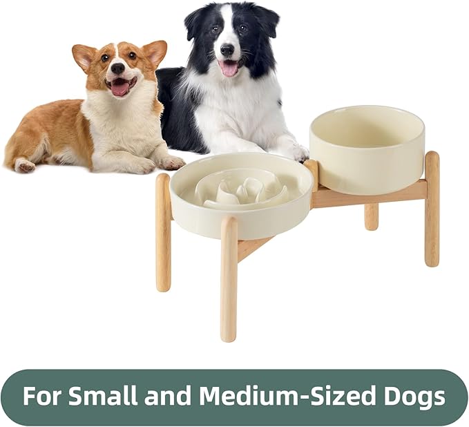 Ceramic Raised Slow Feeder Dog Bowl Set, Elevated 6.1inch Bowl and 7.3inch Puzzle Slow Food Dish with Wooden Stand for Small and Medium Dog, Anti-Gulping (2X Beige+ Stand)