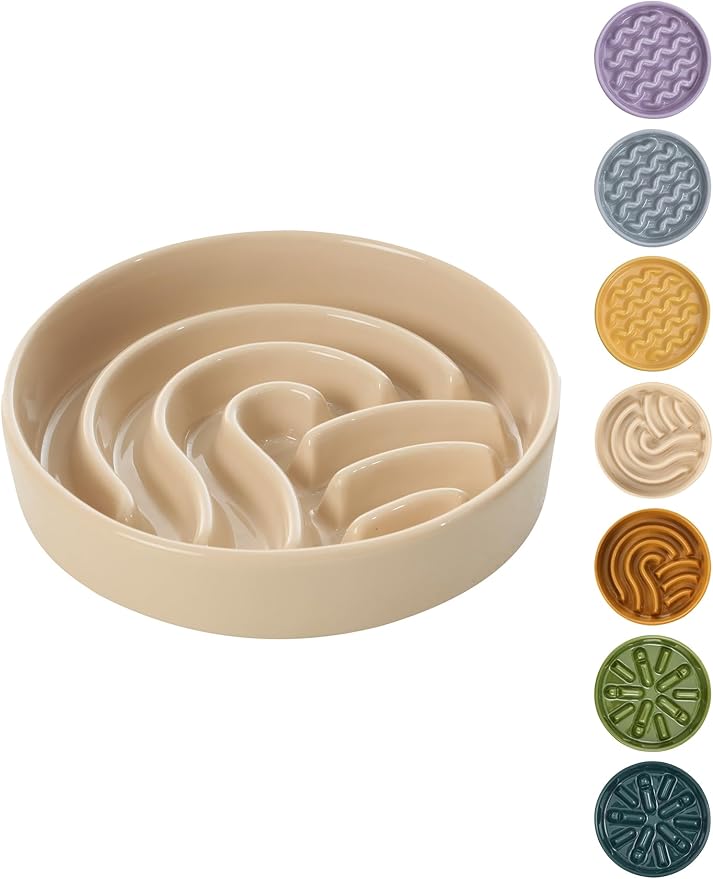 Ceramic Maze Dog Slow Feeder with Non-Slip Silicone Rim – Heavy-Duty Stoneware Bowl with Puzzle Pattern for Bloating & Obesity Prevention (Apricot-S)