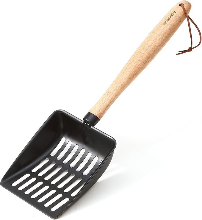 Premium Cat Litter Scoop with Ergonomic Beech Wood Handle - Stainless Steel Sifter with Hook & Hole for Easy Cleaning, Durable & Odor-Free (Teflon Long)
