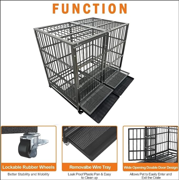 54/48/42/38 inch Heavy Duty Indestructible and Escape-Proof Dog Crate Cage Kennel for Large Dogs, High Anxiety Dog Crate with Removable Wire Trays and Wheels, Extra Large XL XXL