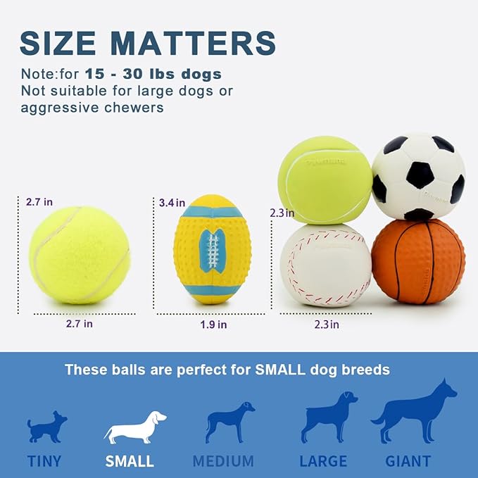 Squeaky Dog Ball, Soft Latex Rubber Squeaky Dog Toys for Small Dogs Puppies, Cute Squeak Toys Play Ball - Tennis, Soccer, Football, Basketball and Baseball 5 Pack