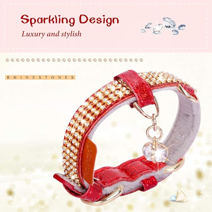 PetsHome Cat Collar, Dog Collar, [Bling Rhinestones] Premium PU Leather with Pendant Adjustable Collars for Cat and Small Dog Extra Small Red