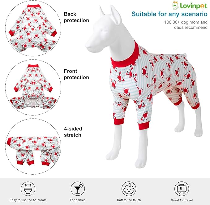 LovinPet Dog Sweatshirts for Large Dogs, Anxiety Calming Dog Pajamas, Light Blue Stripe Whale, Crab Print, Onesies for Dogs, Pitbull Clothes,Pajamas for Pitbulls,3XL