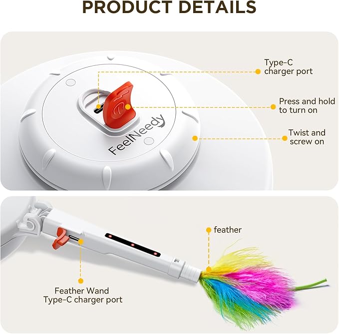Rechargeable Cat Toys, 2 in 1 Hide and Seek Game Interactive Cat Toy, Movable LED Red Dot, Moving Concealed Feathers, Durable Exercise Toys for Indoor Cats, Bored Adult Cats Wand Toy