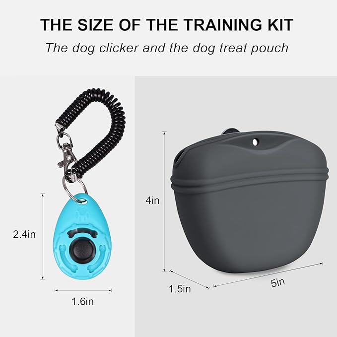 Left&Right Dog Clicker Training Kit,Silicone Dog Training Treat Pouch and Dog Clickers,Dog Treat Bag with Clicker Training for Dogs,Pet Treat Bag with Magnetic Buckle Closing and Waist Clip,Dark Grey