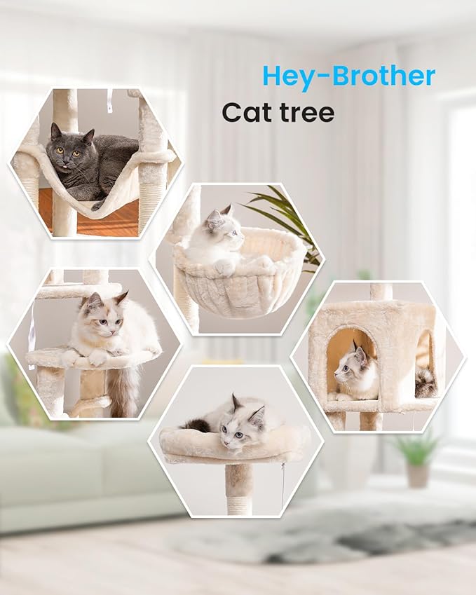 Hey-brother Cat Tree with Large Hammock, Multi-Level Cat Tower for Indoor Cats, Cat Condo with Sisal-Covered Scratching Posts and Top Perch, Beige MPJ050M