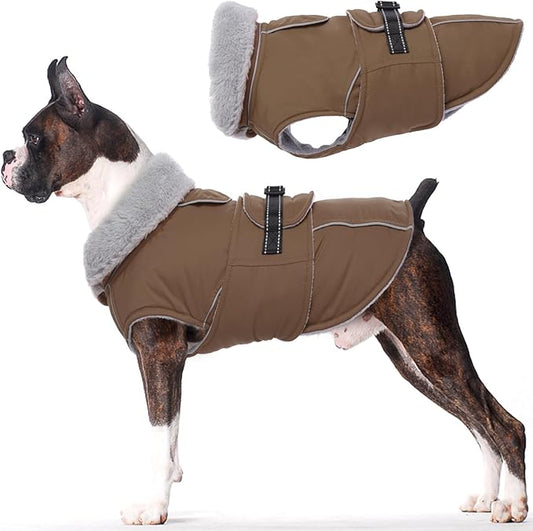 Lelepet Warm Dog Coat Reflective Fleece Vest Waterproof Dog Jacket with Adjustable Buckle Hook & Loop Windproof Cold Weather Coats for Small Medium Large Dogs, Brown, M
