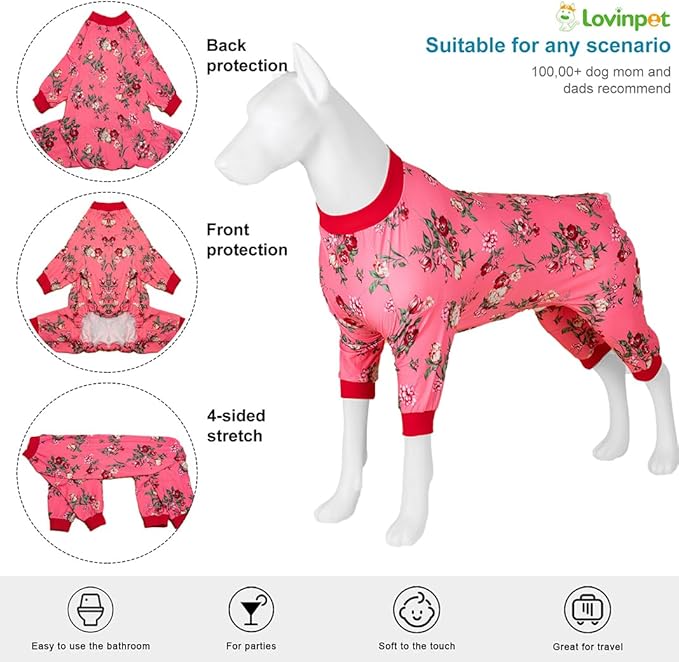 LovinPet Full Body Suit for Large Dog, Dog Bodysuit for Large Dogs,Lightweight Stretchy Fabric,Hot Pink Roses and Orchids Print, Pet Uv Protection, Onesies for Dogs, Pajamas for Pitbulls,XL