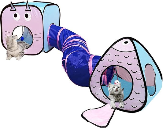 Cat Tunnel for Indoor Cats with Cube Tent Toys Combo, Crinkle Paper Collapsible Interactive Pet Cat Tubes with Play Ball and Bell for Puppy, Kitty, Kitten, Rabbit (3 in 1 Set