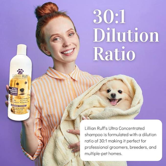 Lillian Ruff PRO Formula Ultra Concentrated Dog Shampoo – Makes 4 Gallons/30 Bottles, 30:1 Dilution, Professional Pet Shampoo for Sensitive Skin | Deodorizing & pH-Balanced Made in USA 16.9oz + Brush