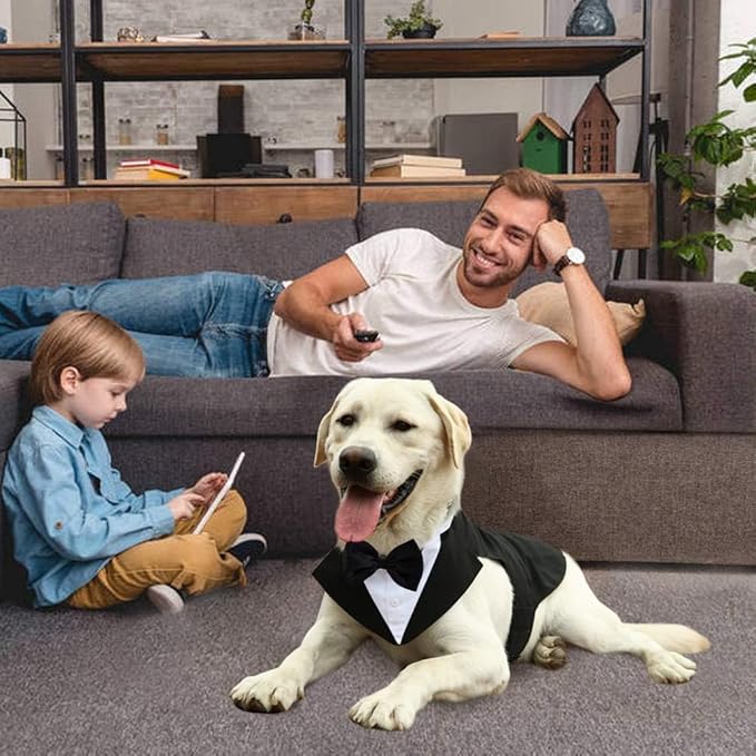 Kuoser Dog Tuxedo Dog Suit and Bandana Set, Dogs Tuxedo Wedding Party Suit, Doggy Prince Bow Tie Shirt Formal Pet Wedding Attire for Large Medium and Small Dogs Golden Retriever Samo Bulldogs