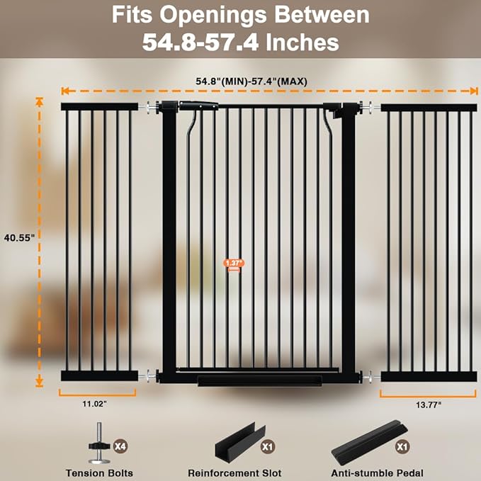40.55" Extra Tall Baby Gate for Doorways, 54.8-57.4 in Wide Dog Gate Indoor, Walk Through Tall Pet Gates No Drilling, Pressure Mounted Child Safety Gate with Door for House Doggie, Black