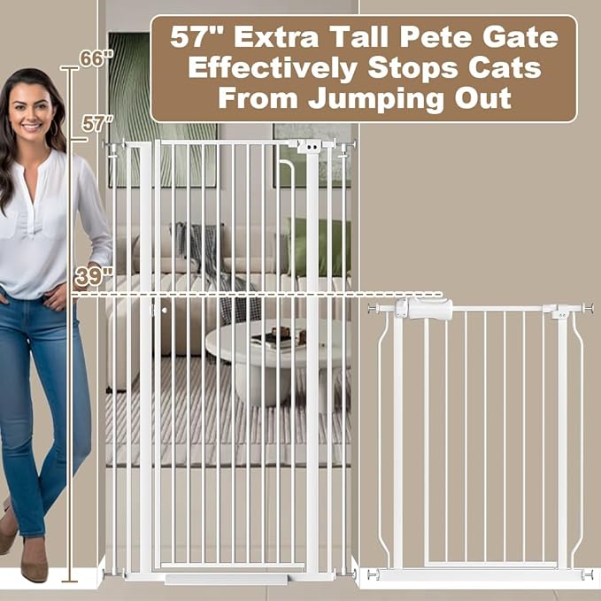 57" Extra Tall Cat Gate for Doorways 57.48'' - 62.21'' Wide High Pressure Mounted Dog Gate, Tall Pet Gates for Doorways No Drilling, Auto Close Safety Baby Gates for Dogs Cats(White)