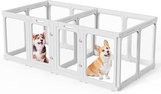 Clear Acrylic Dog Playpen with Door, for Puppy Rabbit Transparent Pet Pen, Dog Playpen Indoor, Dog Fence, Easy Assemble & Cleaning Dog Pen for Small & Medium Dogs (23.6“ Height, 14PCS)