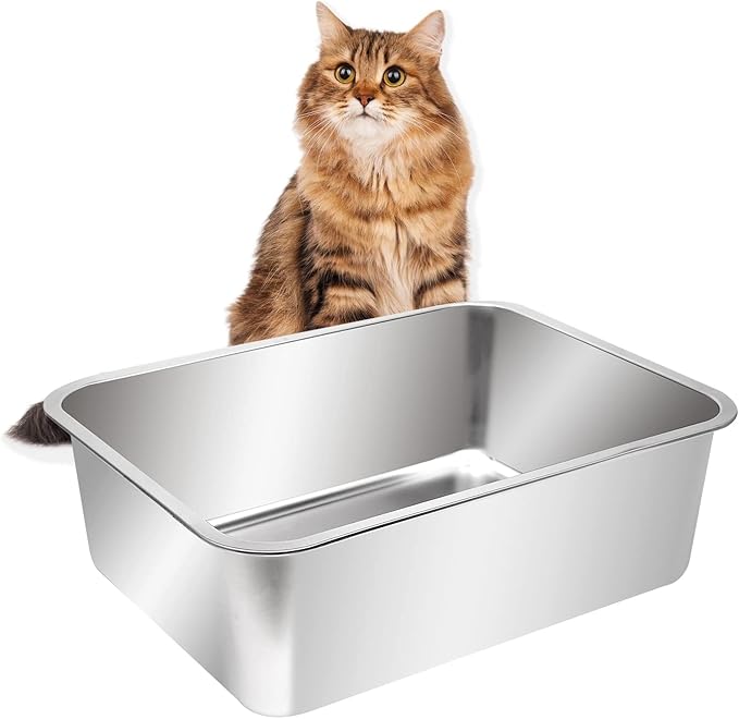 Kichwit Extra Large Stainless Steel Open Cat Litter Box with High Sides, Metal Litter Pan for Cat, 23.6 x 15.7 x 5.9 Inches