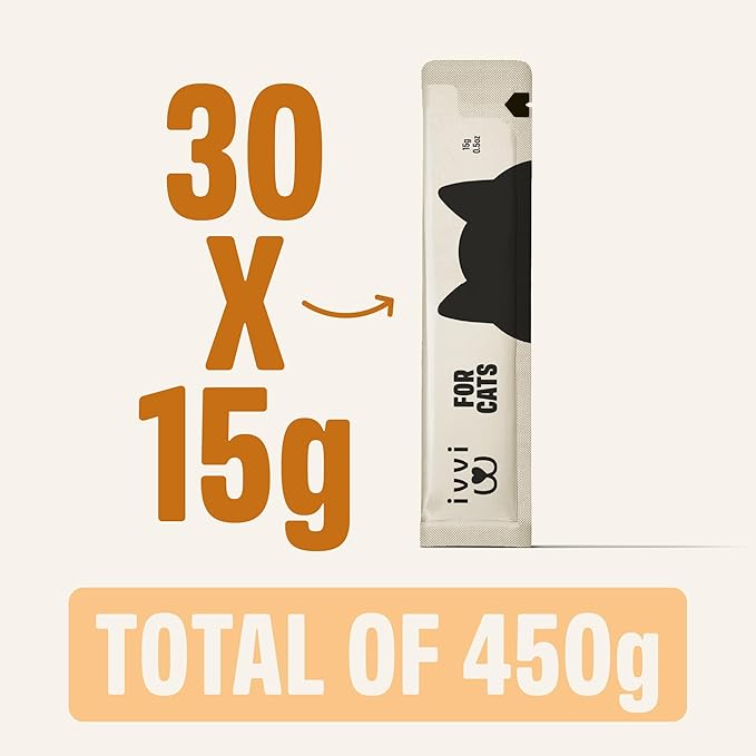 ivvi Skin & Coat for Cats – Functional Creamy Snack with Salmon Oil, Algae Oil, Zinc, Collagen & Biotin – Supports Skin and Fur Health – 30 x 0.53 oz Sachets – with Real Tuna