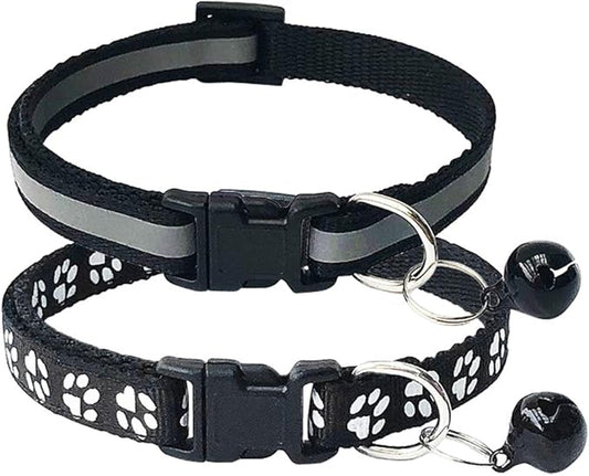 CHBORCHICEN 2-Pack Footprint & Reflective Cat Collar with Bell Basic Dog Cat Collar Buckle Adjustable Polyester Cat Dog Collar or Seatbelts (Small, Black)