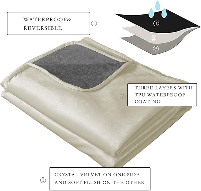 Ameritex Pet Bed Blanket Reversible 100% Waterproof Velvet Super Soft for Sofa and Bed (82x82 Inches, Cream+Grey)