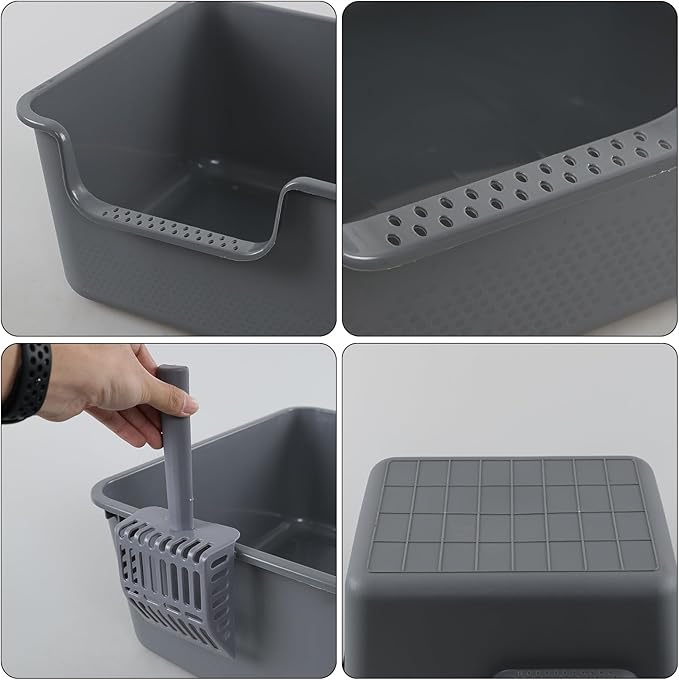 4-Pack Plastic High Wall Cat Litter Box with Scoop, Anti-Splashing Kitty Litter Pan, Grey