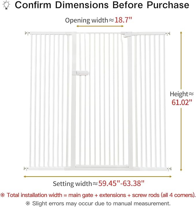 Lumizone Extra Tall Cat Gate 61.02" High Pressure Mounted Extra Wide 2025 New (17 Sizes) 1.37" Gap No Drilling Auto-Close One-Handed Operation Tall Pet Gate for Dogs(White, 59.45"-63.38"/151-160.5CM)