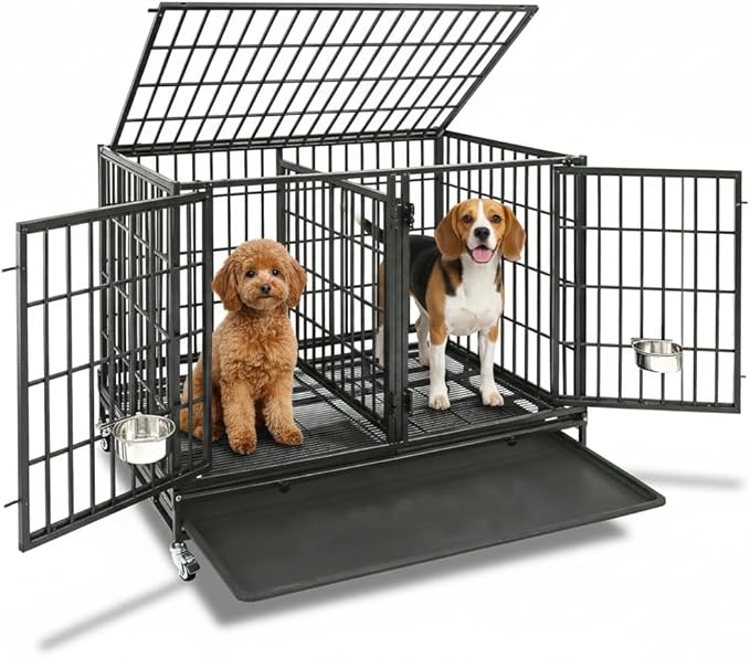 Homey Pet 42 inch Stackable Heavy Duty Dog Crate Cage on Wheels with Divider, 2 Bowls, 4 Lockable Wheels, Tray, Indestructible Escape Proof Lager Dog Kennel Indoor