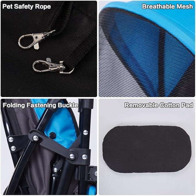 4 Wheels Pet Stroller,Easy-Foldable Dog Cat Cage Jogger Stroller with Weather Cover for All-Season,Storage Basket and Visible Mesh for Small/Medium Pets up to 33lbs (Blue)