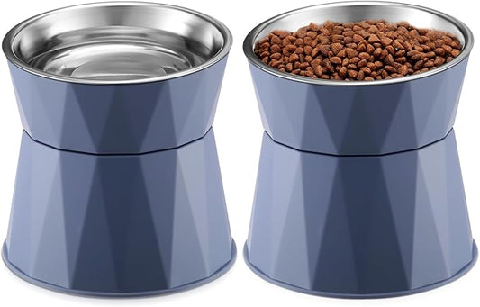 Lallisa 2 Pcs Elevated Cat Bowls Adjustable Raised Cat Feeder Non Slip Food Water with Stand Safe Stainless Steel Bowls with Pet Food Stand for Pets Feeding Eating(Blue)