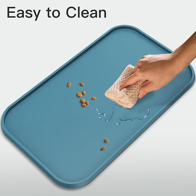 Pet Feeding Mat [Warped Resistant Raised Edge], Water-Proof Silicone Placement for Food Water Bowls, Anti-Slip Base Protect Floor, BPA-Free&Dishwasher-Safe [23.5x13.5inch Large, Blue]